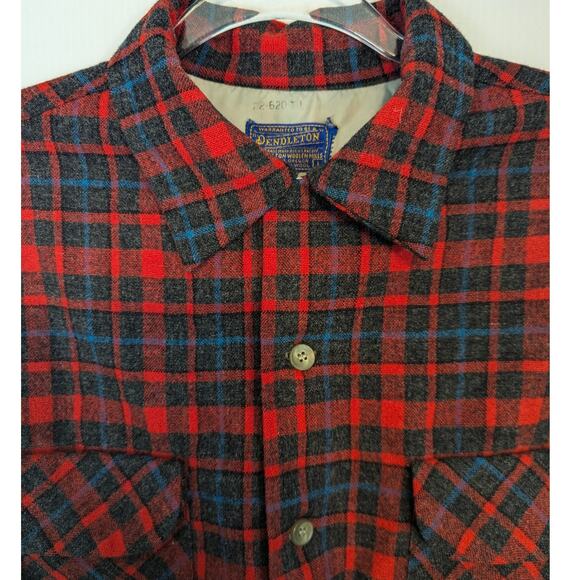 VTG 60s Pendleton Wool Board Shirt Red Plaid Loop Collar Flap Pocket Men’s L - Picture 4 of 9